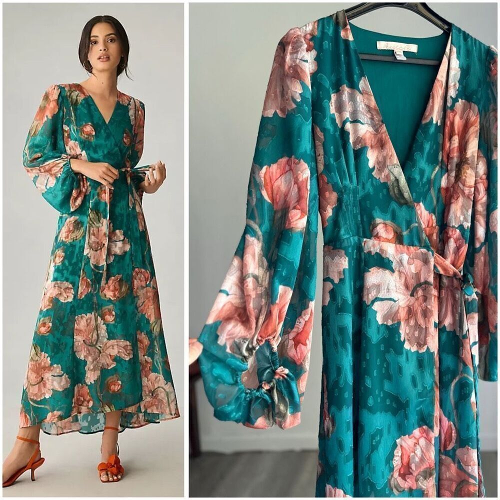 XXS Anthropologie Hutch V-neck Textured Long Sleeve Maxi Wrap Dress